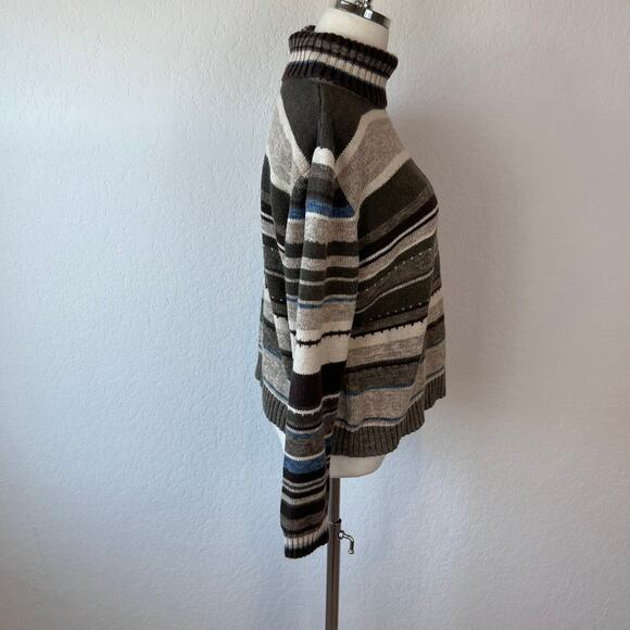 Vintage 90s Y2K Grunge Striped Turtleneck Sweater size Large Green Brown - Picture 2 of 9